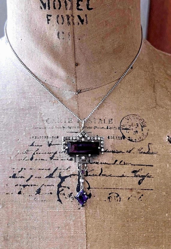 Art Deco Sterling Silver Amethyst Pendant Necklace: H&H Antique Paste Stone