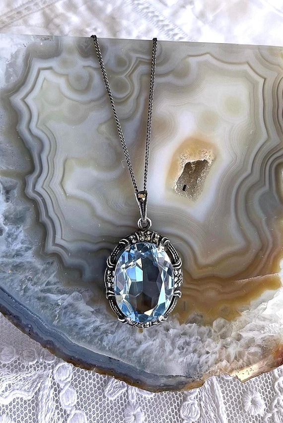 Art Deco 835 Silver Blue Paste Marcasite Pendant Necklace – Vintage Hallmarked Jewelry