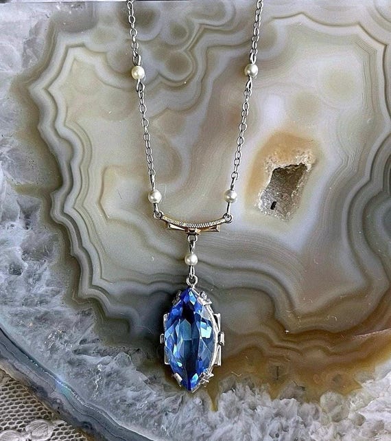 Fine antique Edwardian Belle Époque 10K White and Yellow Gold Filigree faceted Sapphire Blue Paste Stone delicate marked Lavaliere Necklace