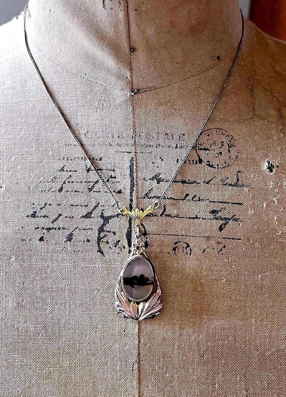 Rare antique Edwardian 1910s Dendritic Agate Gold Filled delicate hallmarked Pendant Necklace