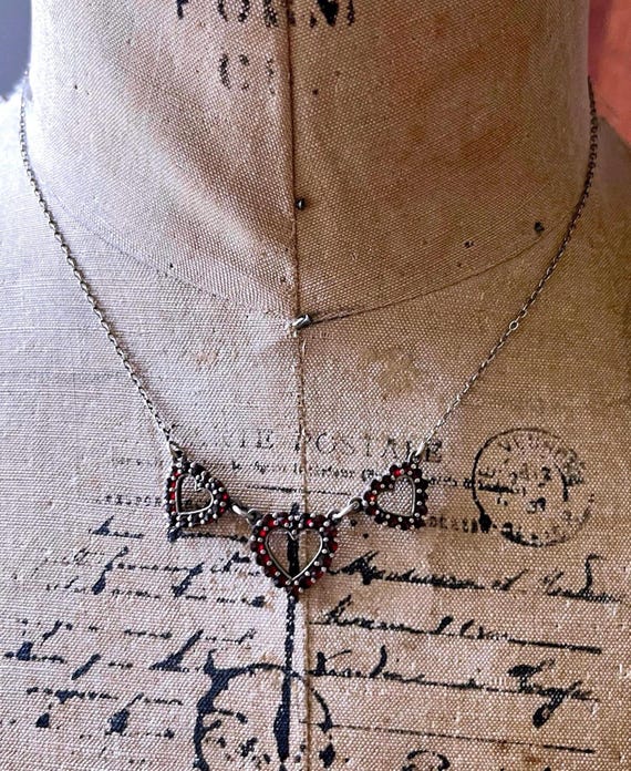 Bohemian Revival Sterling Silver Heart Necklace: Rose Cut Garnets, Gold Rolled Collar