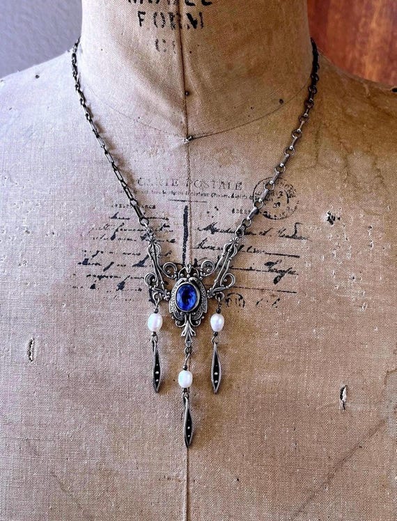 Bohemian Art Nouveau Sterling Silver Lavaliere Necklace: Sapphire Blue Paste & Pearl
