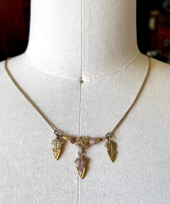 Delicate vintage Black Hills Gold 10K Rose and Yellow Gold with filled chain floral motif lovely romantic Necklace