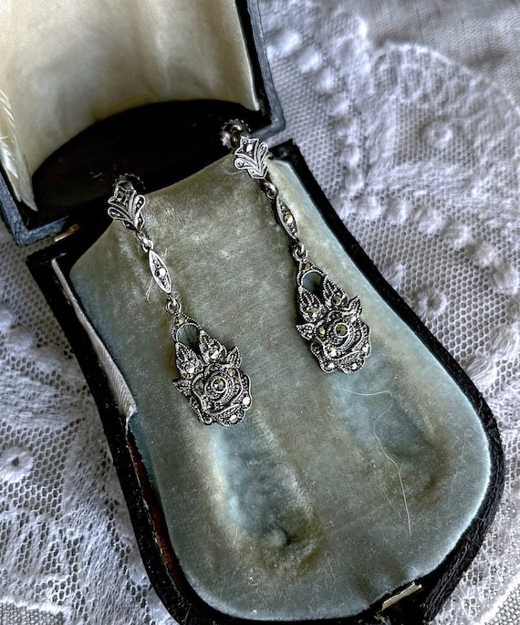 Romantic antique 1920s Sterling Silver brilliant faceted Marcasite accented beautiful hallmarked Screw Back Rose Motif Drop Earrings