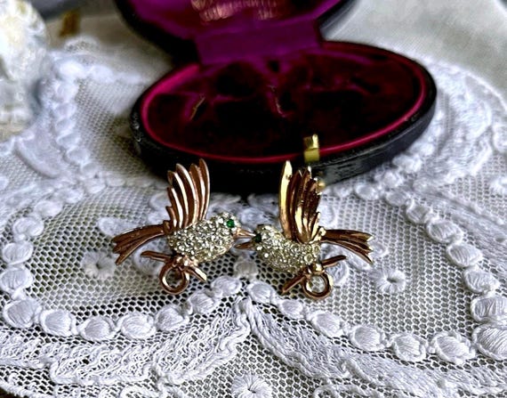 Romantic vintage Mid Century Victorian Revival Sterling Silver Vermeil faceted Paste Stone accented hallmarked Swallow Screw Back Earrings
