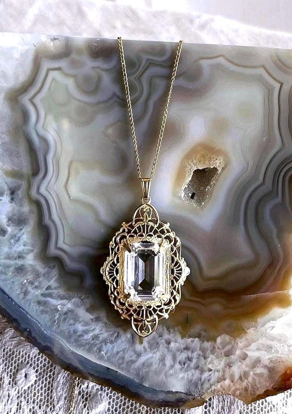 Pristine Edwardian Revival Gold filled Filigree faceted Diamond Paste Stone accented hallmarked Lavaliere Necklace