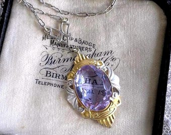 Antique Edwardian Filigree Alexandrite Paste Stone Lavaliere Necklace Rhodium Rolled Gold