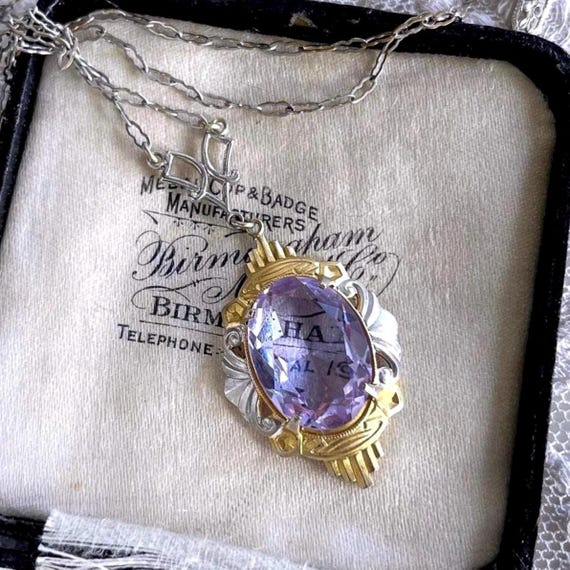 Antique Edwardian Filigree Alexandrite Paste Stone Lavaliere Necklace Rhodium Rolled Gold
