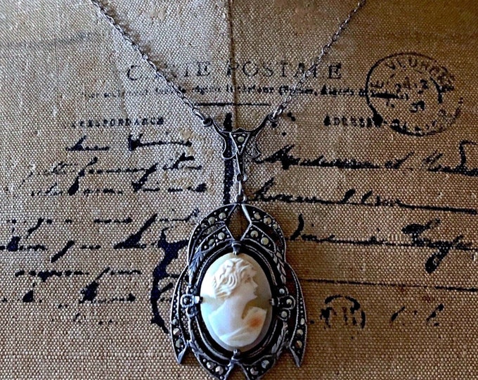 Divine antique Edwardian 1910s Sterling Silver filigree genuine carved Conch Shell Cameo exquisite delicate Lavaliere Necklace