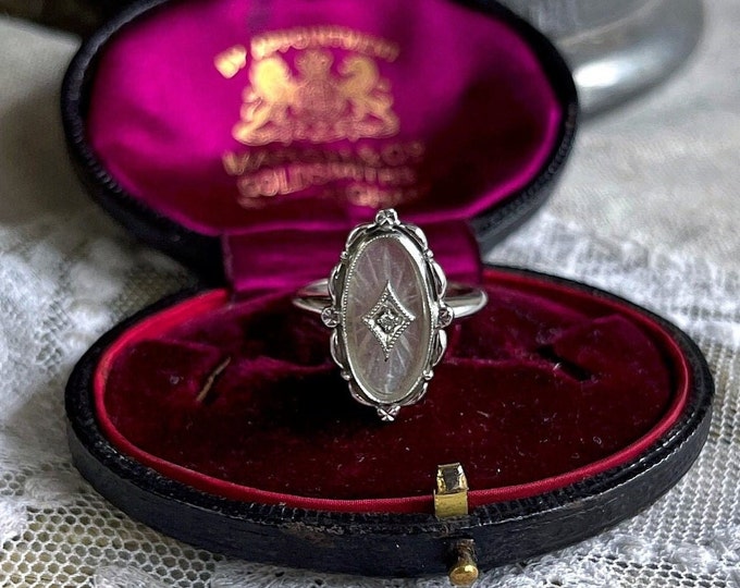 Fine antique Edwardian Revival 10k White Gold genuine Diamond Luminous Quartz Camphor Glass beautiful hallmarked size 6 Statement Ring