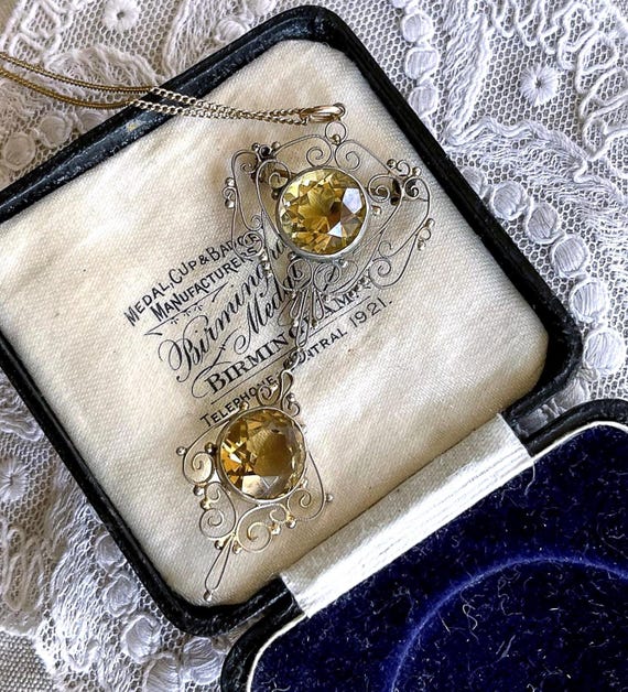 Gorgeous antique Bohemian Revival Arts and Crafts Gold rolled 800 Silver Cannetille filigree genuine faceted Yellow Topaz Pendant Necklace