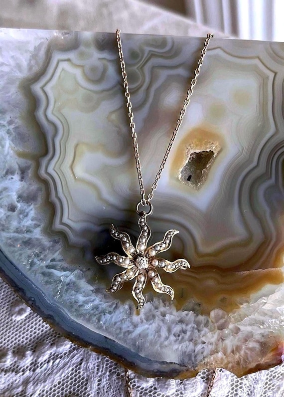 Victorian 9k Gold Starburst Brooch Pendant Necklace: Diamond & Seed Pearl