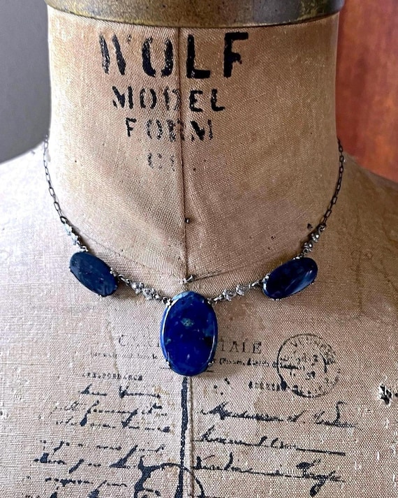 Edwardian 1910s Sterling Silver Lapis Lazuli faceted Marcasite accented hallmarked Choker Necklace