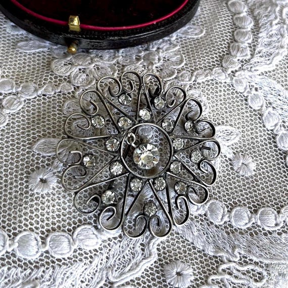 Brilliant antique Russian 875 Kharkiv Silver filigree faceted Paste stone accented hallmarked C Clasp Statement Brooch