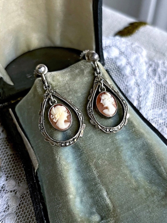 Feminine antique Victorian Era 800 Silver genuine carved Conch Shell Cameo marcasite accented Stamped screw back Drop Dangle Earrings