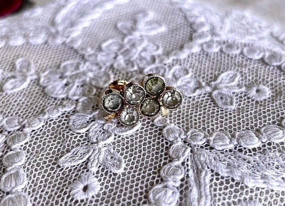 Antique Victorian 14K Rose Gold Butter Cup Diamond Paste Stone pierced Screw Back Earrings