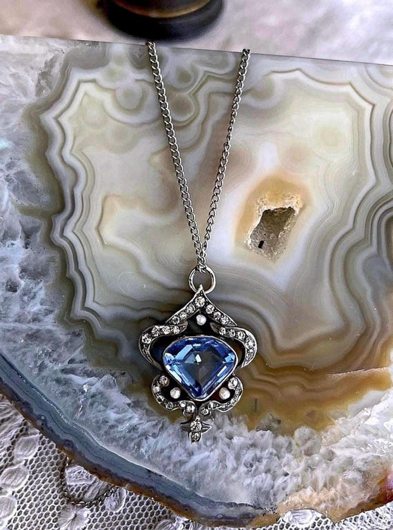 Fine Belle Époque Edwardian antique Sterling Silver dazzling Sapphire Blue and White Paste Stone accented lovely hallmarked Pendant Necklace