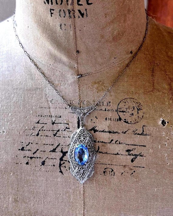 German 1930s Edwardian Revival Sterling Silver filigree Topaz Blue Paste Stone Lavaliere Necklace