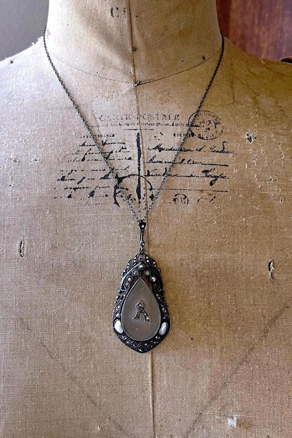 Rare antique German Edwardian Belle Epoque Sterling genuine Quartz Rock Camphor Glass, Dog Tooth Pearl Marcasite accented Pendant  Necklace