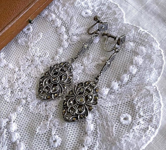 Romantic antique Art Deco 1920s Sterling Silver Marcasite accented beautiful hallmarked Screw Back Drop Earrings