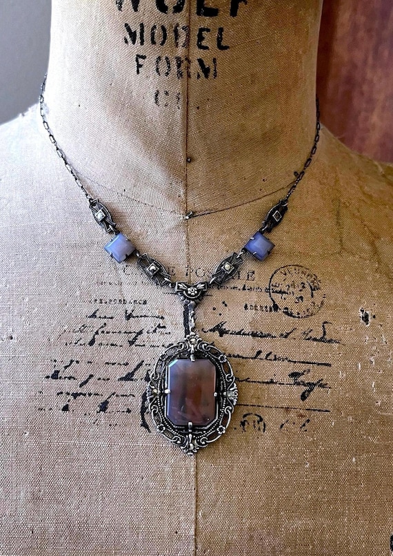 Impressive antique 1910s Edwardian Sterling Silver genuine Blue Chalcedony faceted Marcasite accented luminous stamped Lavaliere Necklace