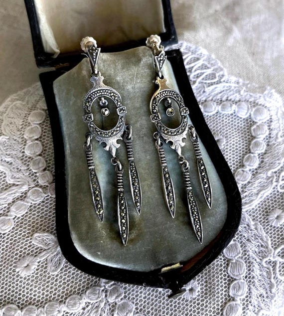 Vintage Art Deco Marcasite Sterling Silver Drop Earrings