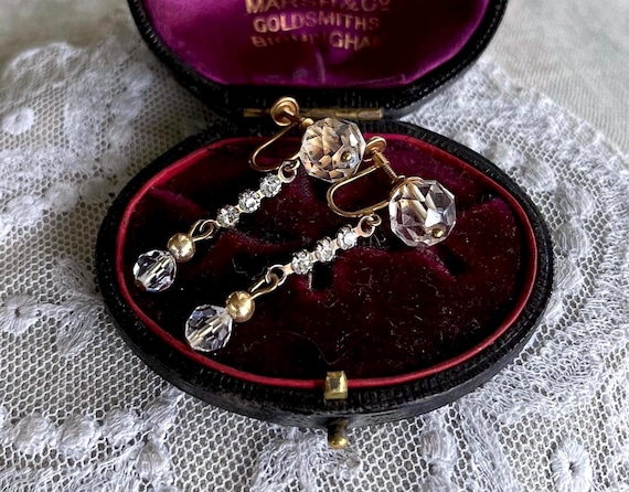 Victorian 10K Gold Quartz Crystal Earrings: Antique Paste Stone Drops