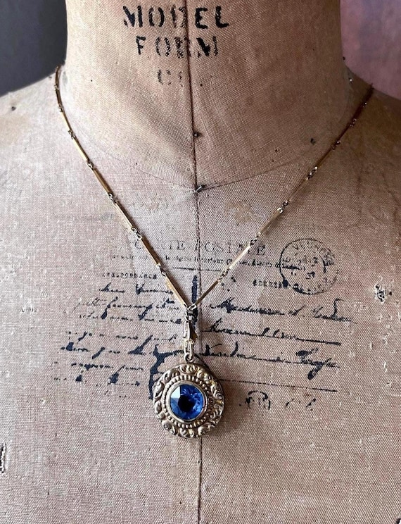 Rare antique American Queen Gold Filled Sapphire Blue Paste Stone accented exquisite stamped Sweetheart Opera Length Pendant Necklace