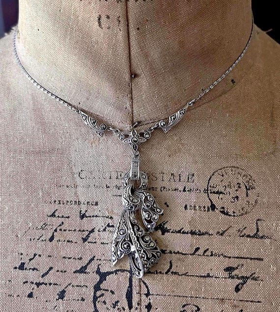 Sublime vintage Austrian Art Deco 935 Silver brilliant faceted Marcasite Crystal accented hallmarked Old World Lavaliere Necklace