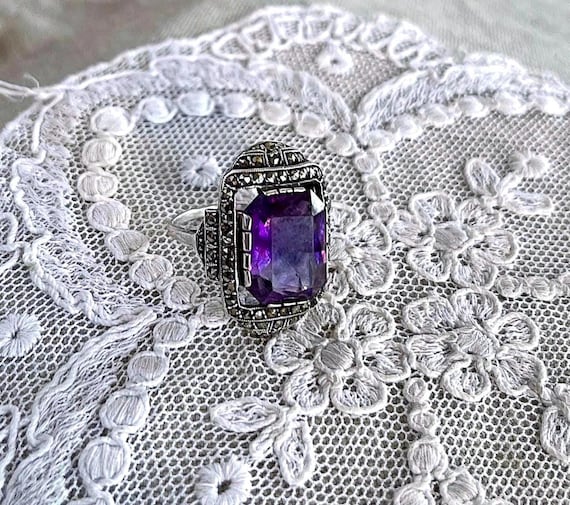 Antique Art Deco Sterling Silver Amethyst Paste Marcasite Cocktail Ring Size 6