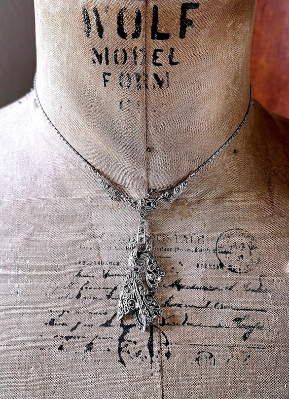 Vintage Art Deco 935 Silver Marcasite Crystal Lavaliere Necklace