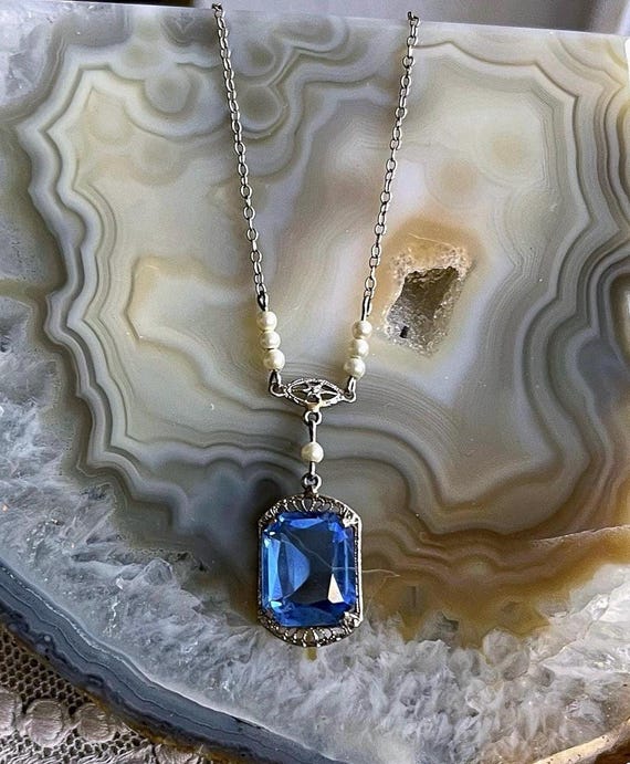 Delicate antique Edwardian Belle Époque Rhodium Plated Filigree Seed Pearl faceted Blue Paste Stone accented Y Necklace