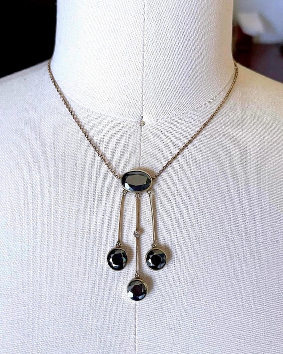 Vintage 14K Gold Diamond Negligee Choker Necklace: Mid Century Hematite Accent
