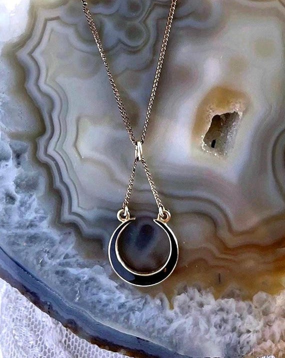 Sublime antique Victorian Gold Filled Black Enamel Cresent Moon hallmarked Lavaliere Mourning Necklace
