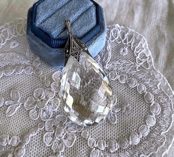 Antique European Art Deco 935 Silver Briolette Quartz Pendant with Marcasite Accents