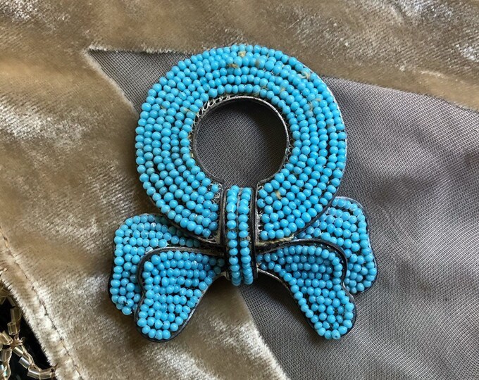 Unique antique Victorian Aesthetic Spun Sterling Silver handcrafted Czech Glass Turquoise Seed Bead accented Statement Brooch
