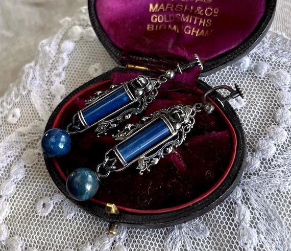 Antique Germany Arts and Crafts Sterling Silver genuine Lapis Lazuli Stone hallmarked Screw Back Drop Earrings