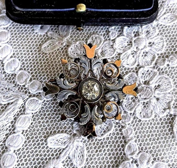 Fine antique Victorian Aesthetic Sterling Silver Gold Filled faceted Rose Cut Diamond Paste stone accented two tone Lapel Brooch
