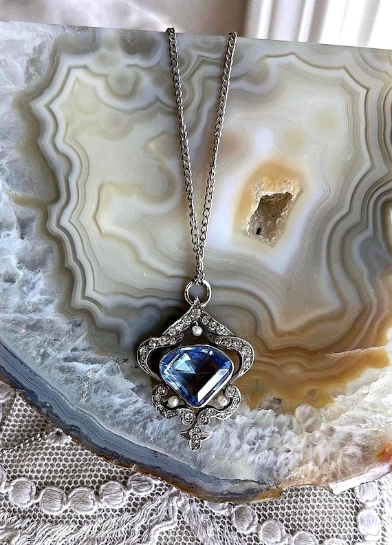 Edwardian Sapphire Blue Paste Stone Pendant Necklace: Sterling Silver, 1910s Antique