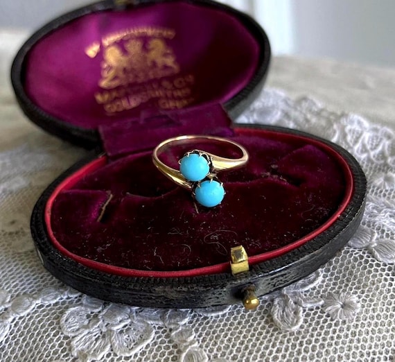 Fine antique Victorian Aesthetic 10K Yellow Gold Bright Turquoise Glass accented beautiful size 6 Heirloom Doublet Statement Ring