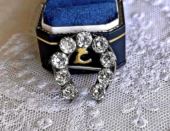 Antique Victorian Silver brilliant faceted Paste stone accented hallmarked Horse Shoe Brooch