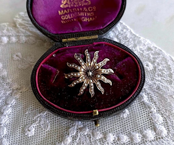 Antique Victorian 9k Yellow Gold Seed Pearl accented Starburst Brooch