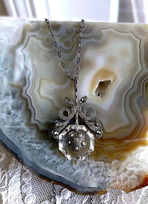 Unique antique Edwardian Sterling Silver brilliant faceted Paste Glass Marcasite accented beautiful hallmarked Pendant Necklace