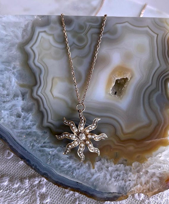 Victorian 9k Gold Starburst Brooch Pendant Necklace: Diamond & Seed Pearl