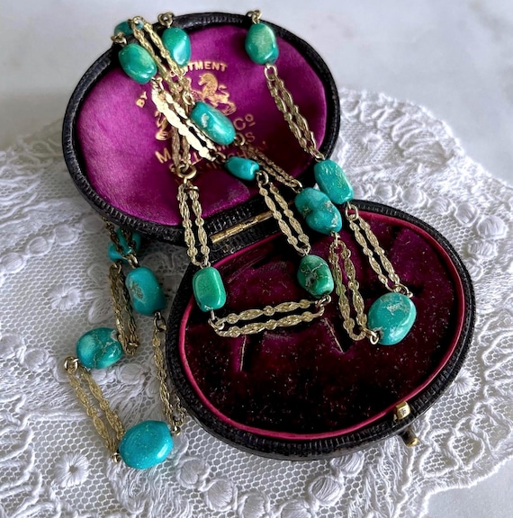 Mid Century German 333 Gold Filigree genuine Kingsman Turquoise accented Matinee length Station Necklace