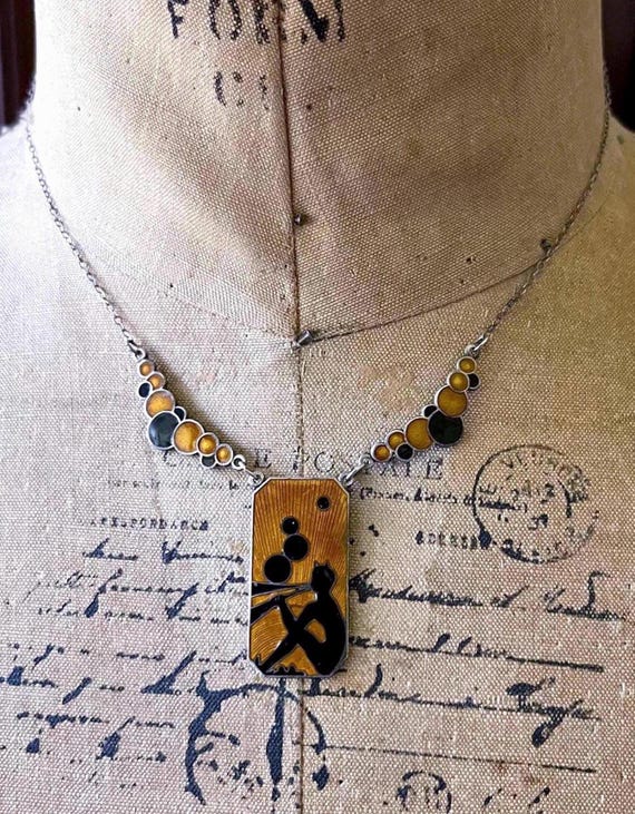 Rare Art Deco 1930s Eisenberg Sterling Silver brilliant Black & Orange Guilloche Enamel Pan with Pipe hallmarked Bubble Bib Necklace
