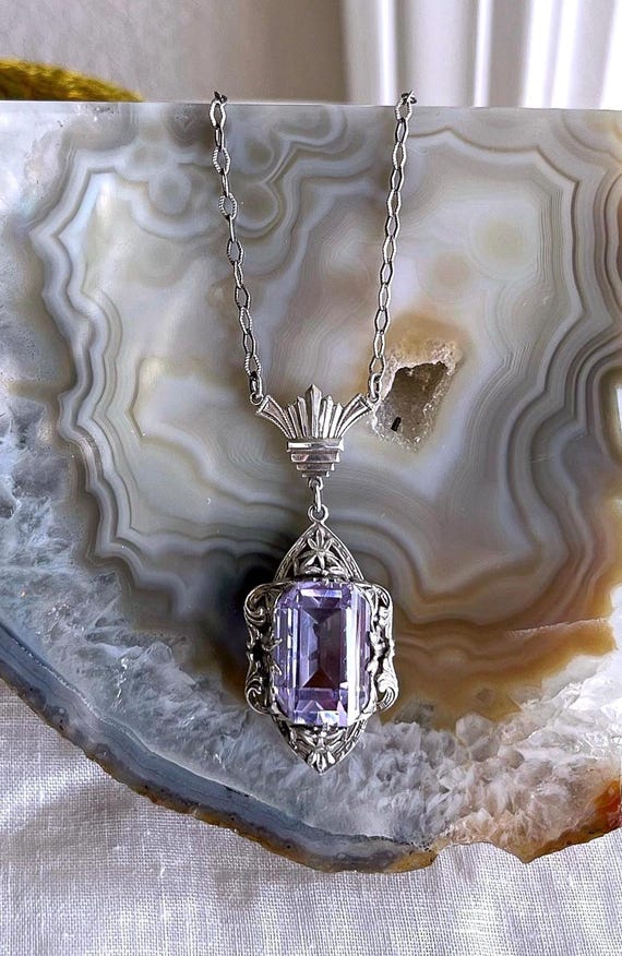 Delicate antique Edwardian Sterling Silver brilliant faceted Alexandrite Paste Stone exquisite Lavaliere Necklace