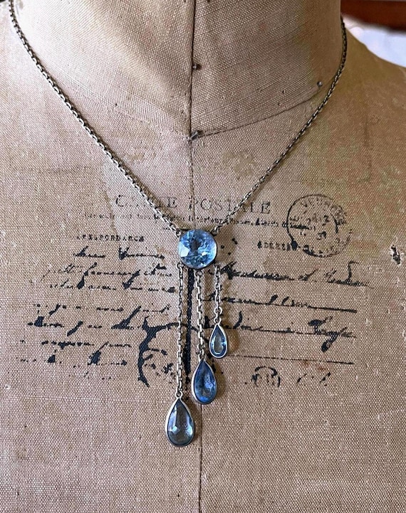 Sophisticated antique Art Deco Sterling Silver brilliant faceted Topaz blue Paste Stone accented beautiful Negligée Necklace