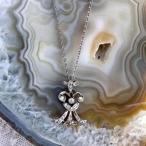 Delicate antique Edwardian Sterling Silver brilliant faceted Paste Stone accented hallmarked Pendant Necklace