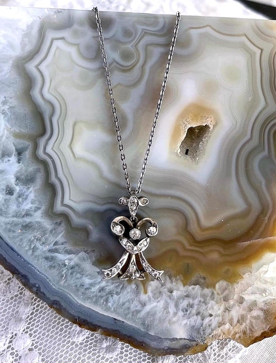 Delicate antique Edwardian Sterling Silver brilliant faceted Paste Stone accented hallmarked Pendant Necklace